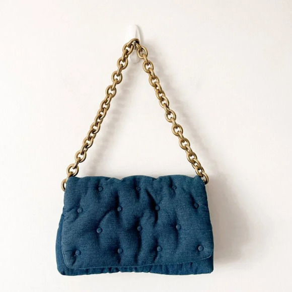 Zara Quilted Padded Blue Denim Shoulder  Bag Purse Chunky Gold Chain Handle - Picture 8 of 13